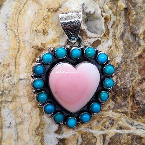 Southwest Sterling Silver Heart Shaped Pink Conch Pendant w/ Snake Eye Turquoise